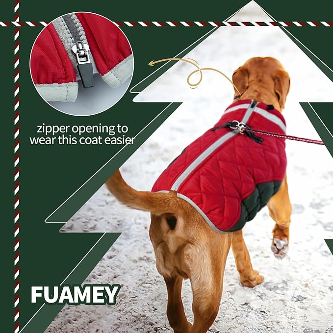 FUAMEY Dog Coat for Small Dogs,Waterproof Dog Winter Jacket with Harness Built in Puppy Cold Weather Coats Reflective Pet Vest with Zipper Warm Fleece Dogs Snowsuit Windproof Christmas XS