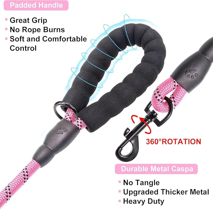 BEAUTYZOO Heavy Duty Rope Dog Leash 3 Pack, 6FT Nylon Pet Leash with Reflective Thread, Soft Padded Handle Thick Lead Strong Dog Leashes for Large Medium Dogs Small Puppy Training 6'*1/2 inch