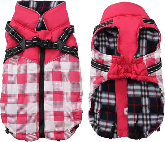 Dog Coat with Harness,Small Dog Winter Coat,Doggie Jackets with Built in Harness,Adjustable Warm Jacket for Medium Large Dogs,Pet Puppy Cold Weather Coats for Dogs Waterproof (PlaidPink, XX-Large)