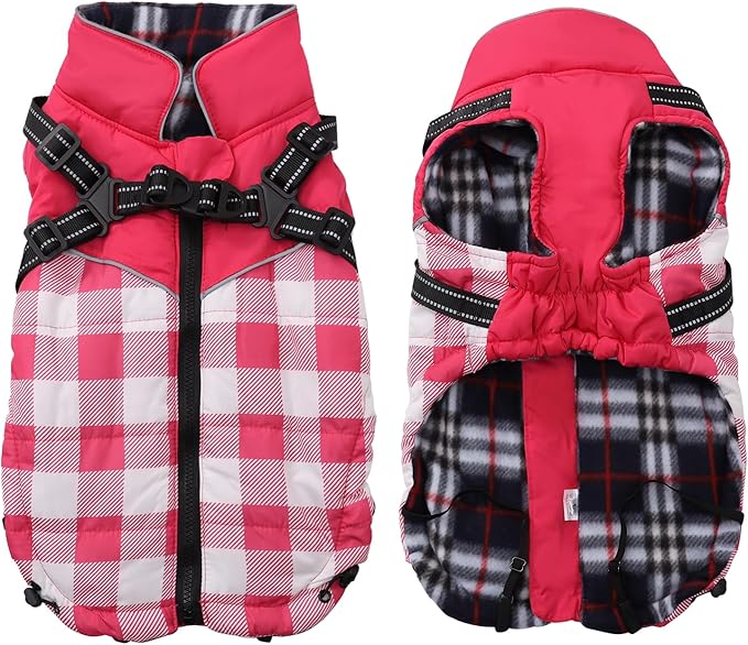Dog Coat with Harness,Small Dog Winter Coat,Doggie Jackets with Built in Harness,Adjustable Warm Jacket for Medium Large Dogs,Pet Puppy Cold Weather Coats for Dogs Waterproof (PlaidPink, X-Large)