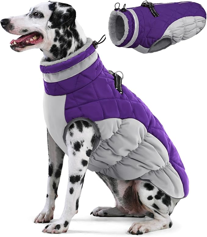 AOFITEE Dog Coat, Warm Dog Winter Coat for Large Dogs, Reflective Turtleneck Dogs Jacket with Harness Built in, Waterproof Windproof Pet Puffer Jacket Fleece Vest for Cold Weather, Purple XXXL