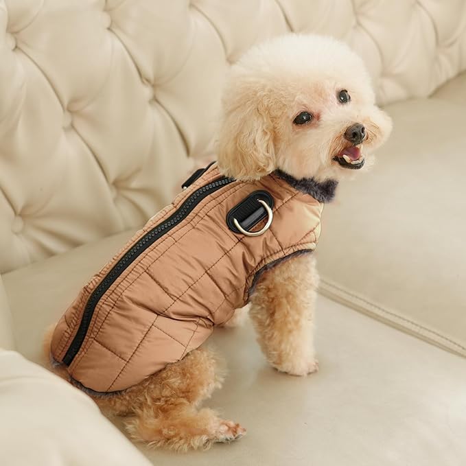 Warm Fleece Dog Coats with Durable Harness Buitl in D-Ring,Waterproof Puppy Jacket for Small Dogs,Dog Vest for Cold Winter,Burnished Khaki XS