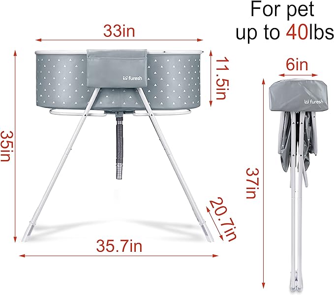 Furesh Little Dipper Dog Bath Tub and Wash Station for Bathing Shower and Grooming, Elevated Foldable and Portable, Indoor and Outdoor, for Small and Medium Size Dogs, Cats and Other Pet (Gray)