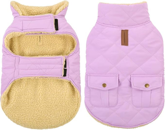 Queenmore Warm Dog Coat, Cold Weather Puffer Dog Coat Vest, Quilting Winter Pet Jacket Ultra Thick Plush Fleece Lining Pet Clothes for Dogs with Storage Pockets (Lilac,Large)