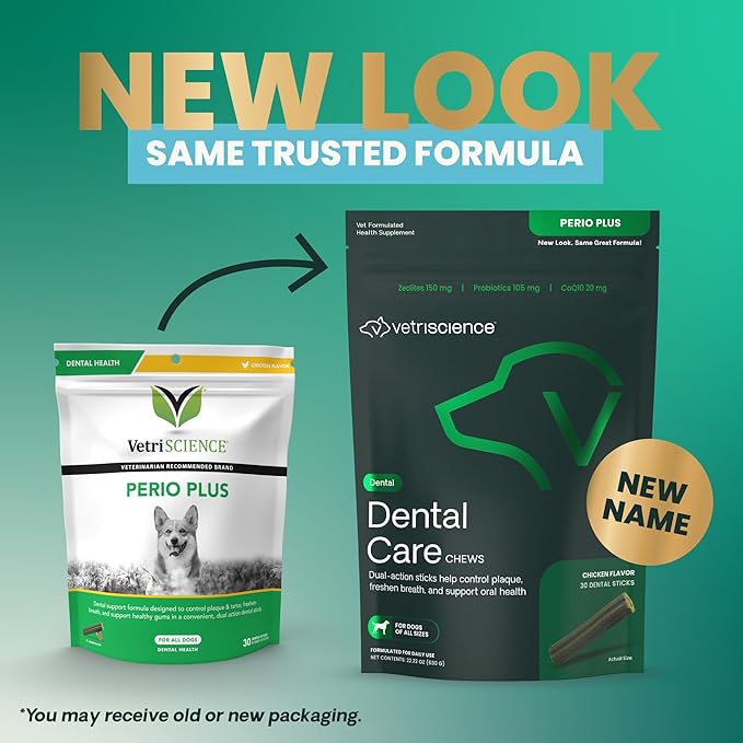 VetriScience Healthy Mouth Dental Chews, Perio Plus Sticks for Dogs, with Probiotics, Spirulina & Zeolites, Breath Freshening, Plaque & Tartar Control, Chicken, 30 Count