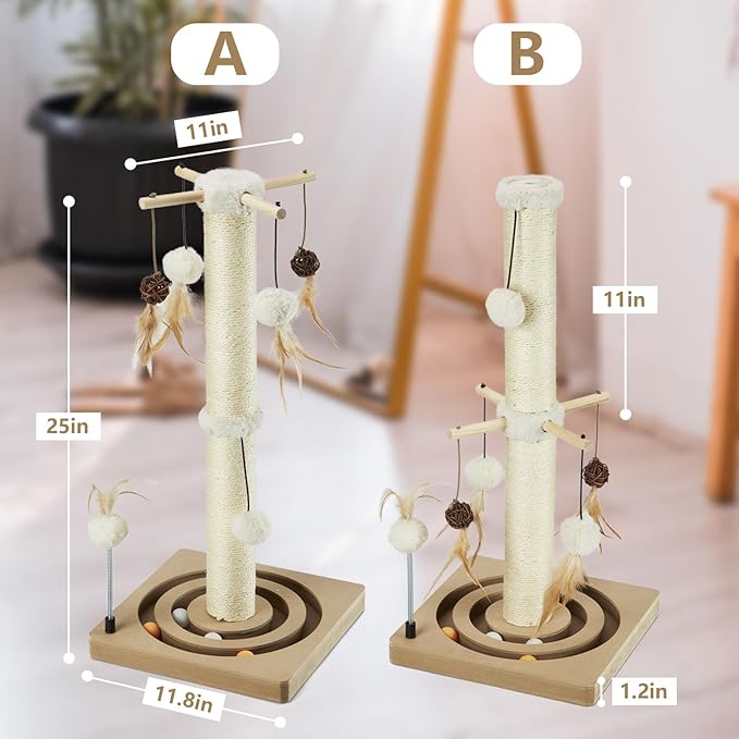 PEEKAB Cat Scratching Post Sisal Scratch Posts for Indoor Cats and Kittens with Tracking Ball Interactive Toys and Hanging Balls 25 Inches Beige