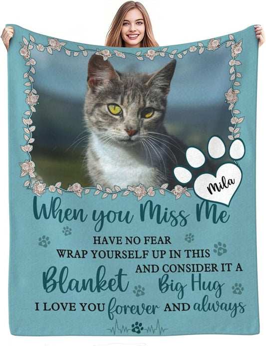 Custom Pet Memorial Blanket with Photo,Personalized Dog/Cat Loss Sympathy Gift,Pet Loss Bereavement Remembrance Gifts,Flannel Throw Blanket with Pictures (Turquoise)