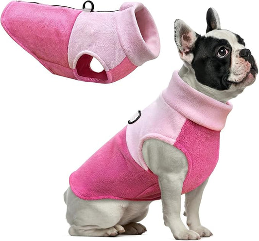 Idepet Dog Fleece Vest Sweater Zip Up Warm Pullover Dogs Jacket with D-Ring Leash Winter Cold Weater Coat Pet Sweatershirt Clothes Hoodie for Small Medium Dogs Boy Girl (Pink/Rose Red, M)