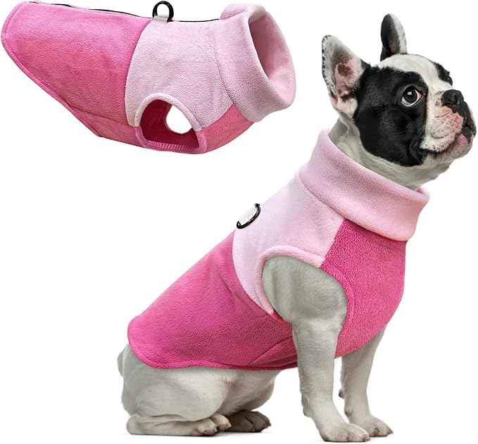 Idepet Dog Fleece Vest Sweater Zip Up Warm Pullover Dogs Jacket with D-Ring Leash Winter Cold Weater Coat Pet Sweatershirt Clothes Hoodie for Small Medium Dogs Boy Girl (Pink/Rose Red, L)