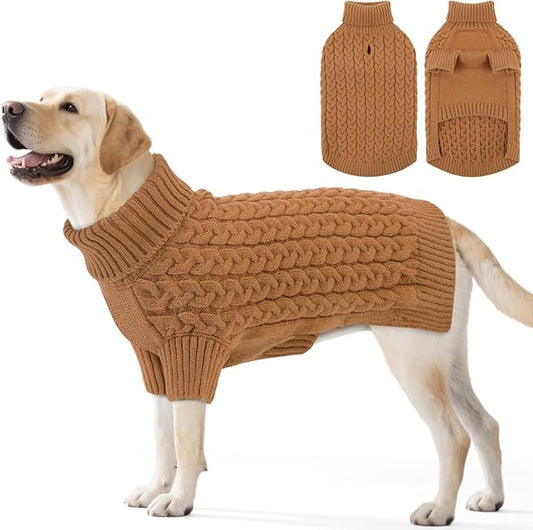 SAWMONG Dog Sweater, Dog Sweaters for Large Dogs Girls Boys, Pullover Turtleneck Knitted Doggy Sweatshirt, Cold Weather Pet Clothes（Khaki, X-Large
