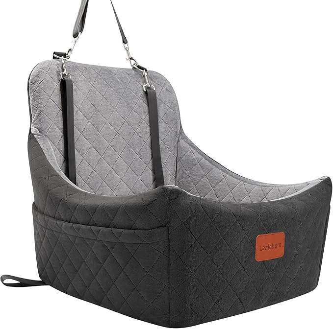 Dog Car Seat for Dogs Up to 35lbs,Fully Detachable and Washable,Memory Foam Covered Soft Fabric,Easy to Install with Adjustable Straps,Anti-Slip Bottom,2 Side Pockets(Black/Grey,Medium)
