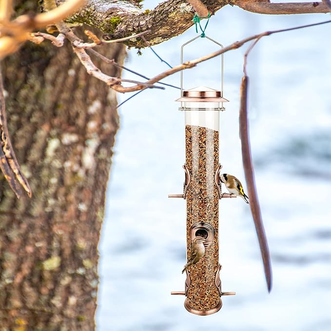 MIXXIDEA Metal Wild Bird Feeder, Squirrel Proof, Hanging 6 Port Tube Finch Feeder for Attracting Birds in Lawn, Garden, Balcony - Antique Copper