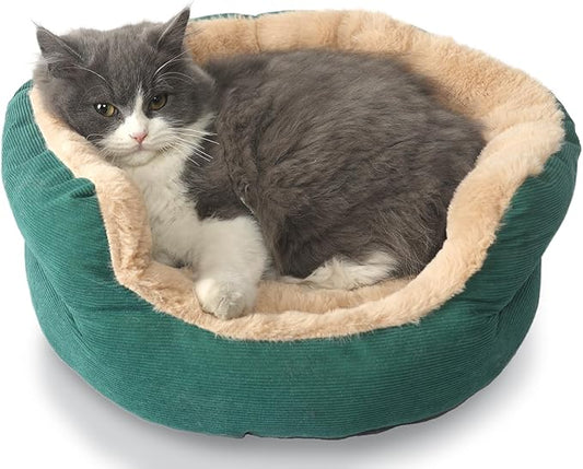 Cat Beds for Indoor Cats Calming Bed Washable,Small Size Dog Sofa Extra Comfy Cuddler Round Kitten Pet Bed Anti Slip Bottom for Anxiety,Warm Puppy Plush Snuggler Kennel Up to 10 Lbs,16 inch,Green