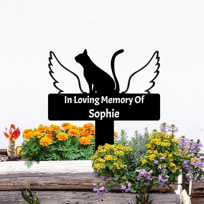 Custom Cat Memorial Stake Metal Grave Marker, Personalized Cat Memorial Grave Marker with Wings, Pet Cat Remembrance Stake Cat Memorial Plaque with Stake, Cat Loss Gift Sympathy Sign