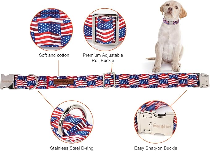 Unique style paws Independence Day Dog Collar Metal Buckle Wave Flag Collar Gift Durable Cute Collar for Small Medium Large Boys Girls Dogs