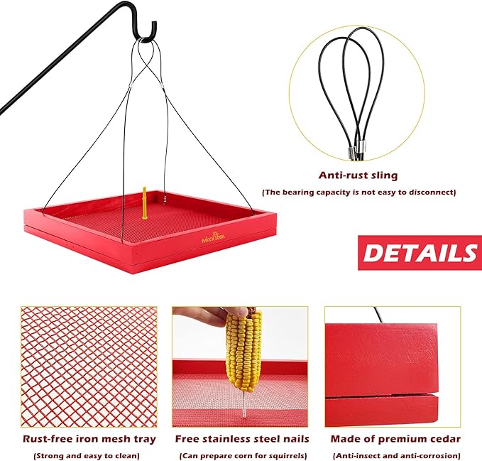 MIXXIDEA Bird Feeder Hanging Tray Seed Tray Wooden Platform Hummingbird Feeder Hanging Tray Mesh Seed Platform for Garden Yard Outside Decoration Attracting for Wild Birds (Red-1pk)