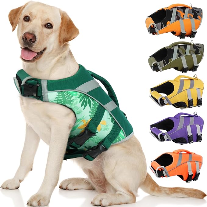 Kuoser Dog Life Jacket with Reflective Stripes - Adjustable High Visibility Vest, Ripstop Lifesaver, Pet Preserver with High Flotation Swimsuit for Small, Medium and Large Dogs