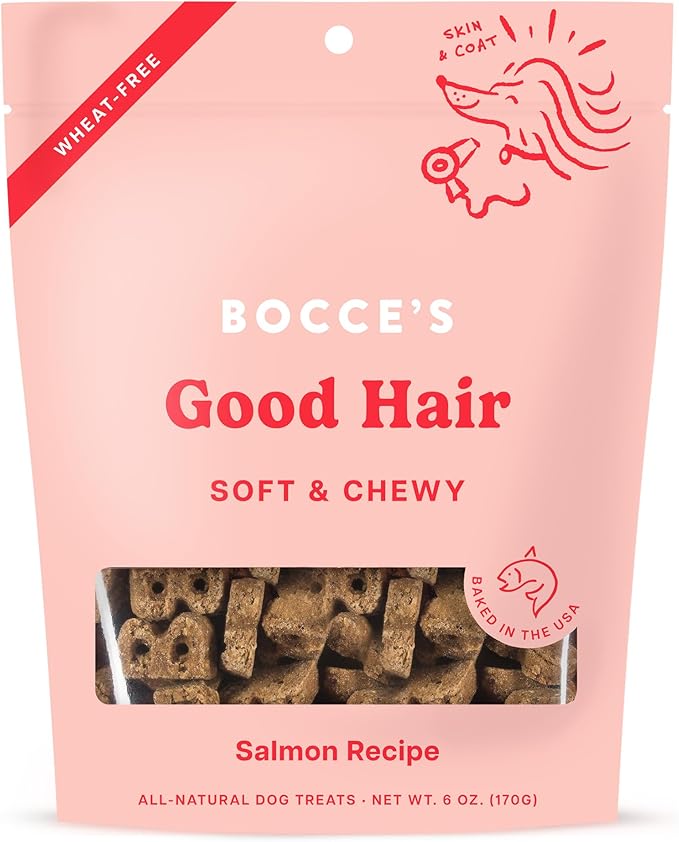 Bocce's Bakery Dailies Good Hair Dog Treats for Skin & Coat Support, Wheat-Free Dog Treats, Made with Real Ingredients, Baked in The USA, All-Natural Soft & Chewy, Salmon Recipe, 6 oz