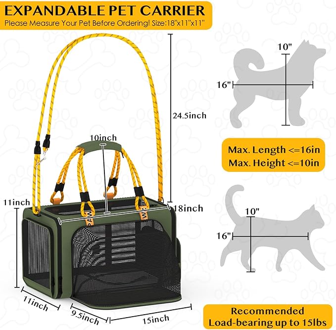 PAWZIDEA Expandable Pet Carrier w/ID Card, 18″×11″×11″ Small Dog Carrier TSA Airline Approved, Top Load Cat Carrier for 2 Cats Under Seat, Soft-Sided Collapsible Puppy & Animal Travel Bag, up 15 lbs