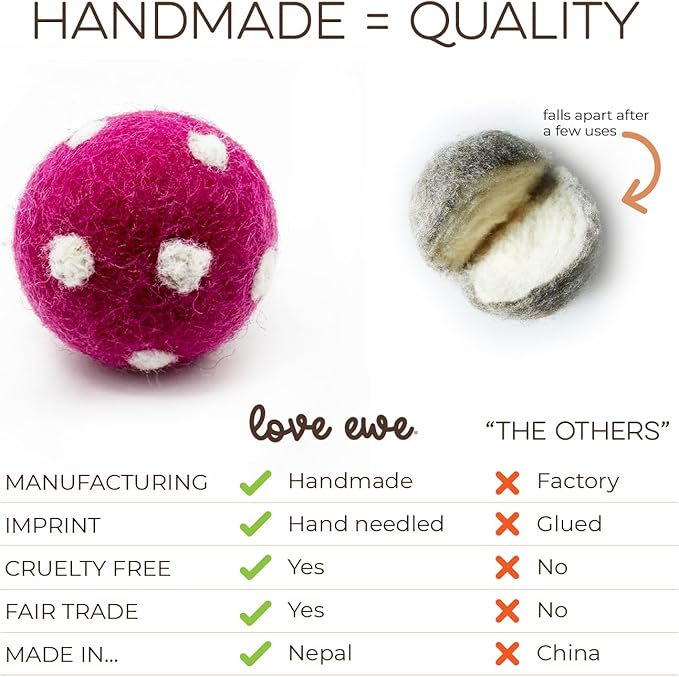 Hustle & Blush Wool Felt Balls 3 Pack Love Ewe Pet Supplies - 2 in Felted Wool Cat Toys 100% New Zealand Wools Felt Cat Toys Handmade Wools Felts Balls - Cats Felts Ball with Bell - Roll The Mice