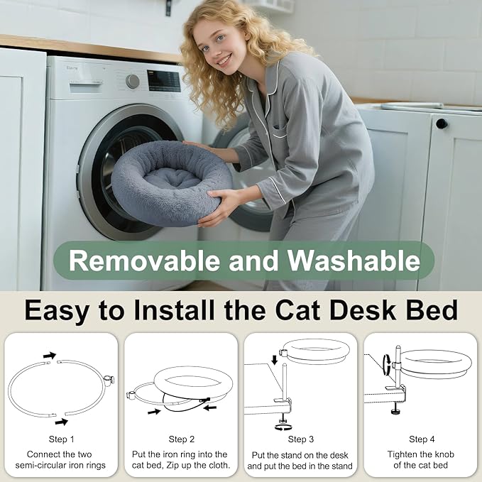 Cat Desk Bed, 360-Degree Rotating Hammock Perch, Cat Bed with Height Adjustable, Machine Washable, Gray