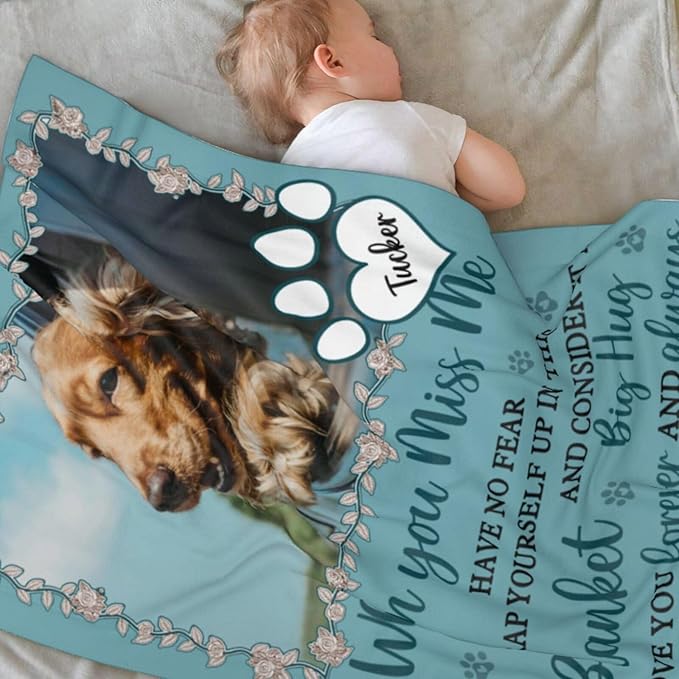 Custom Pet Memorial Blanket with Photo,Personalized Dog/Cat Loss Sympathy Gift,Pet Loss Bereavement Remembrance Gifts,Flannel Throw Blanket with Pictures (Turquoise)