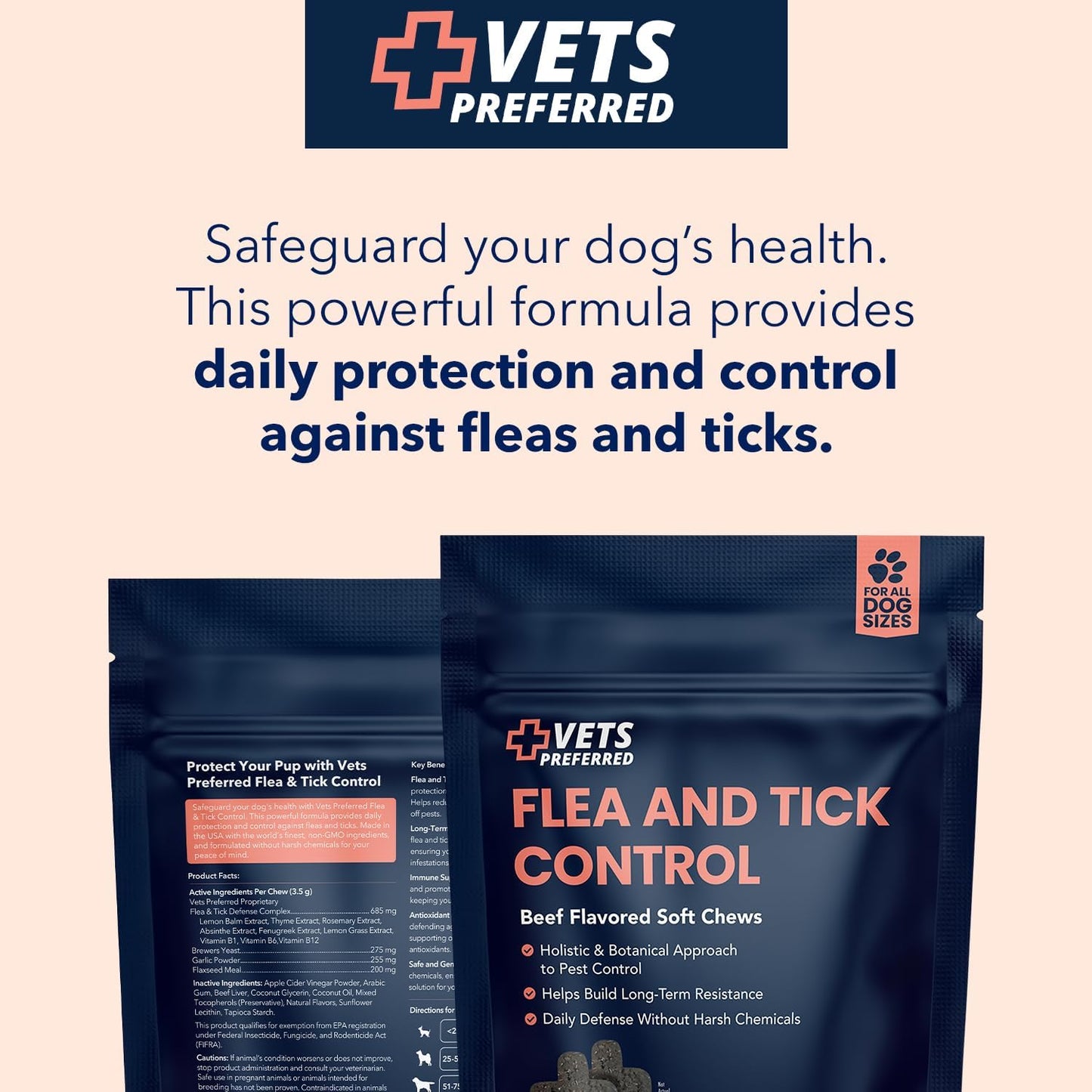 Vets Preferred Flea and Tick Prevention for Dogs Chewable - Daily Defense Without Harsh Chemicals - Immune Support & Antioxidant Protection - Beef Flavored - 90 Soft Chews