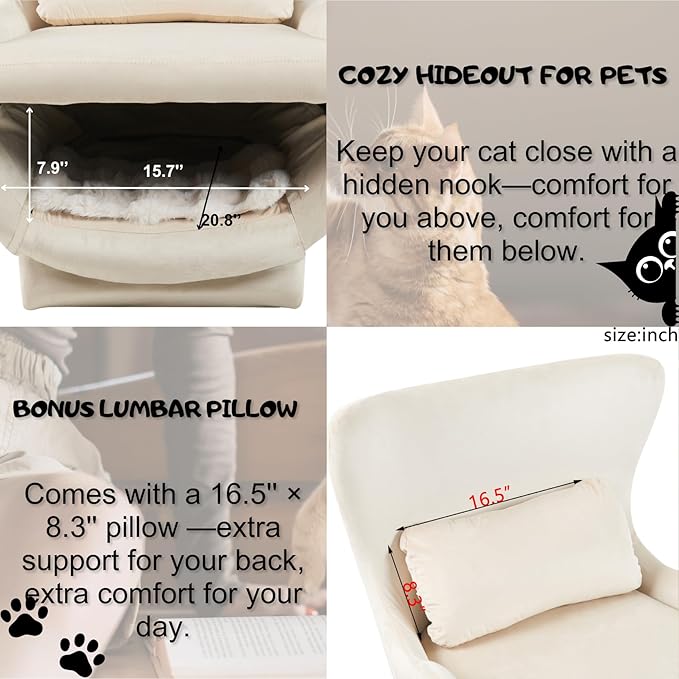 Velvet Chair with Cat Bed for Cats Lover, Pet-Friendly Wing Back Single Sofa with Pet Nest for Living Room, White.