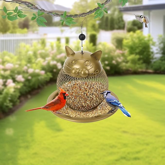 Cat Shaped Bird Feeder for Garden & Patio - Heavy Duty Steel Construction, Squirrel Resistant & Easy to Clean, Weatherproof Outdoor Decor for Bird Watchers (Gift Ready)
