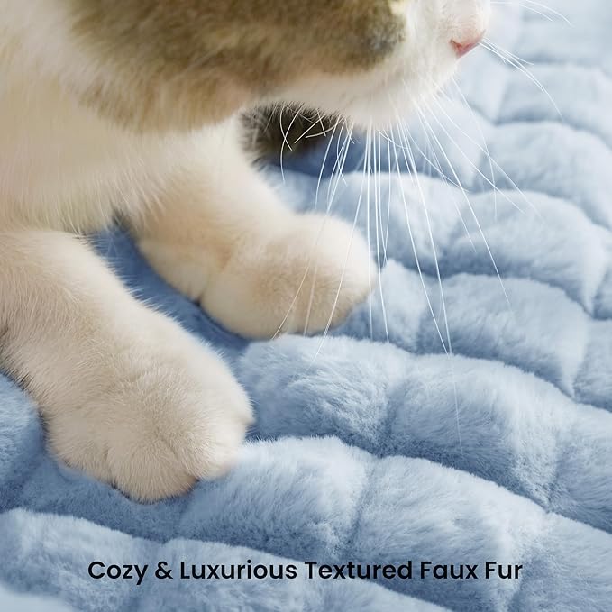 Cute Small Dog Couch Bed – Supportive & Fluffy Pet Sofa with Faux Rabbit Fur Washable Cover in 3D Diamond Pattern, 30" Light Blue
