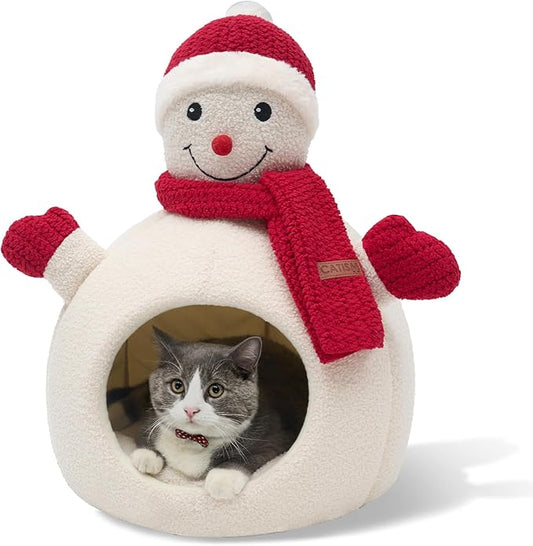 CATISM Christmas Cat Bed - Christmas Snowman Cat Bed for Indoor Cats, Cute Snowman Cat Beds with Warm Cushions Removable Cave with Non-Slip Cushioned Bottom for The Holidays