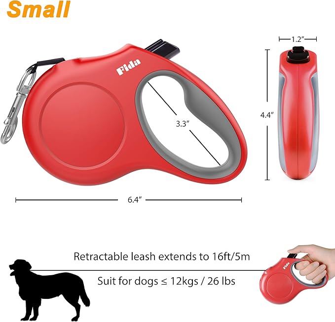 Fida Retractable Dog Leash with Dispenser and Poop Bags, 16 ft Pet Walking Leash for Small Dog or Cat up to 26 lbs, Anti-Slip Handle, Tangle Free, Reflective Nylon Tape (S, Red)