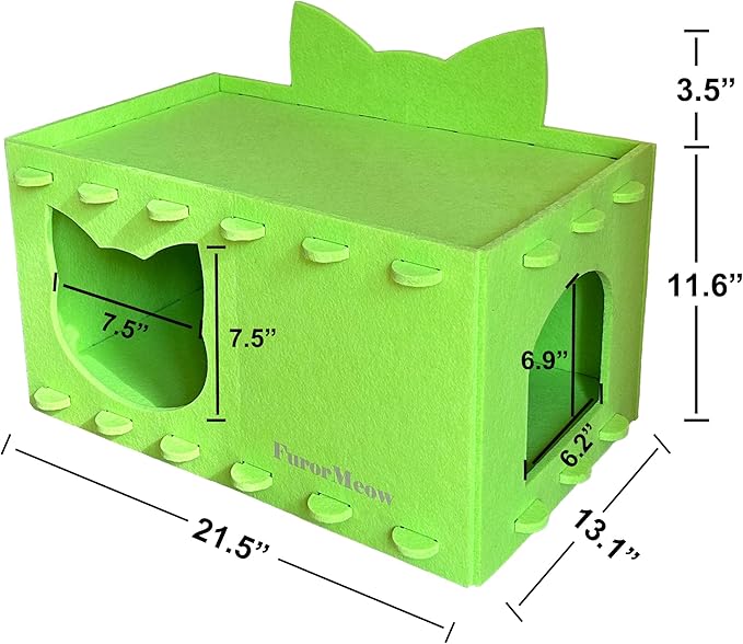 Cat House Cat Ear Design, Large Spacious Cozy Indoor Cat Bed Cave, Scratch Resistant Strong Thick Premium Felt Condo, Fun Hideaway for Multiple Cats, 21.5x13x11.6 inches (Bright Green)