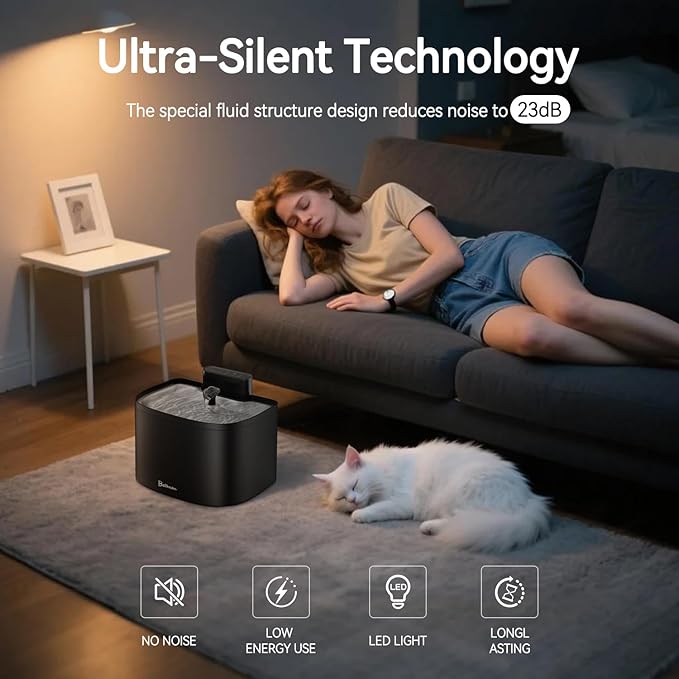 Cat Water Fountain, App Control Cat Fountain, 122oz/3.6L Pumpless Water Fountains for Cats Indoor with Stainless Steel Tray, Wi-Fi Dog and Pet Water Fountain (Black, Fountain+2 Fliters)