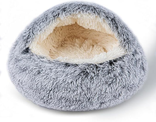 Cat Bed for Indoor Cats, Calming Cozy Cave with Self-Warming Plush, Entire Bed Machine Washable & Anti-Slip Base, Breathable Pet Bed for Small Cats&Dogs All Seasons (Grey, 20 * 20inch)
