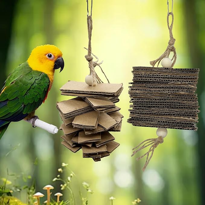 LWINGFLYER 4 Pack Small Parrot Chew Toys Natural Cardboard Paper Hanging Bird Shredding Toy for Budgies Conures Cockatiel Parakeet Lovebirds Canary