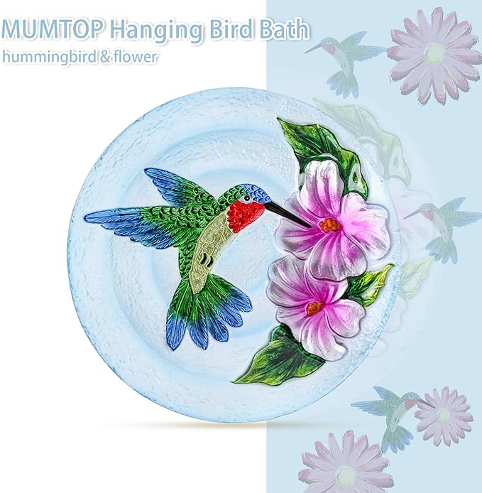 MUMTOP Hanging Bird Baths for Outdoors - Glass Bird Bath, 11 Inch Hanging Bird Bath Hummingbird Bird Feeder Bowl for Outside, Garden, Lawn Yard Decor