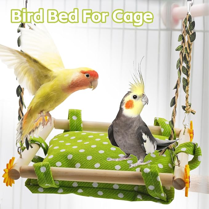Bird Toy Climbing Hammock Nest Hanging Bird Bed for Cage Wooden Perch Stand Swing with Bell Toy for Parrot Parakeet Cockatiel Conure Cockatoo