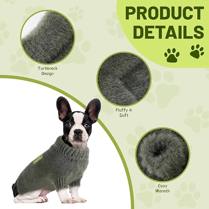 Small Dog Furry Pullover Sweater, Classic Turtleneck Dog Clothes for Cold Weather Cute Warm Pet Clothes for Chihuahua, Bulldog, Dachshund, Pug Green Large