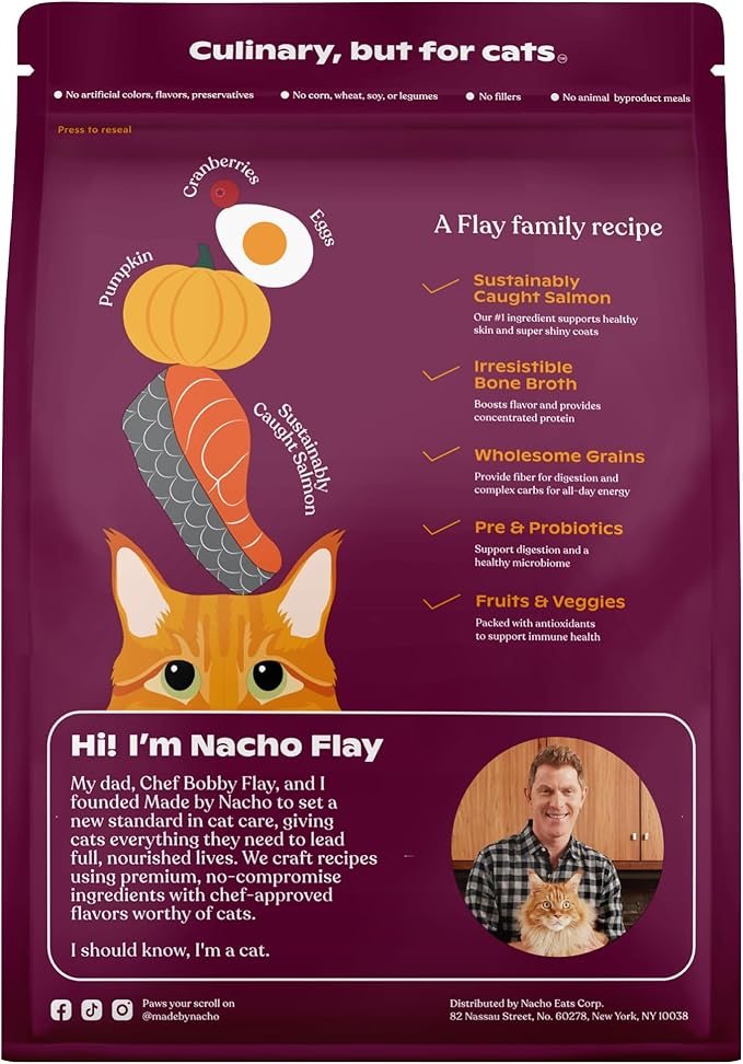 Made by Nacho Dry Cat Kibble 2lb Bag, High Protein and Grain-Friendly Premium Cat Food, Sustainably Caught Salmon and Pumpkin, Infused with Bone Broth for Hydration, Limited Ingredients, Single Bag