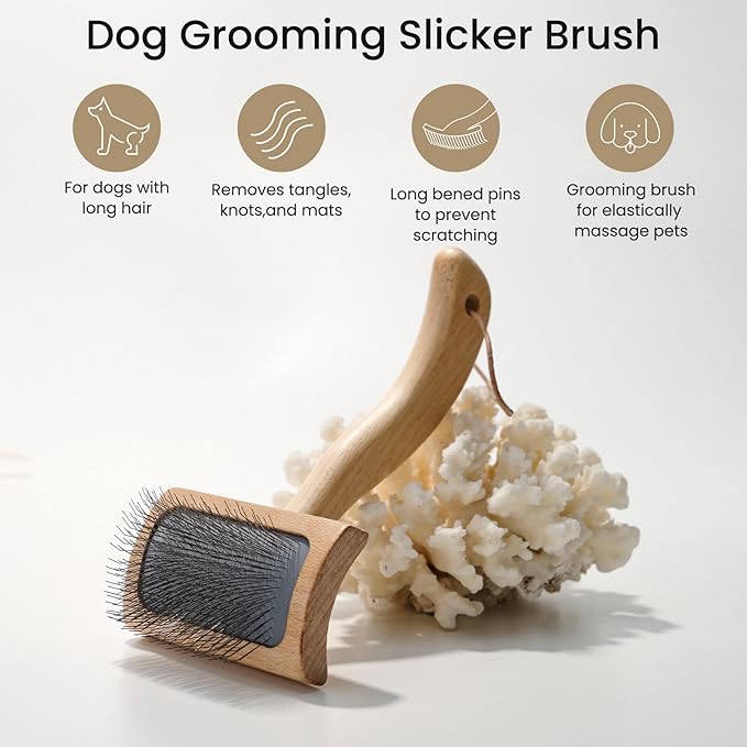 Dog Slicker Brush for Shedding,Dog Brush for Long Haired Dogs & Remove Tangles & Mats,Ergonomic Handle Grooming Like Professional,Beech Wood,L