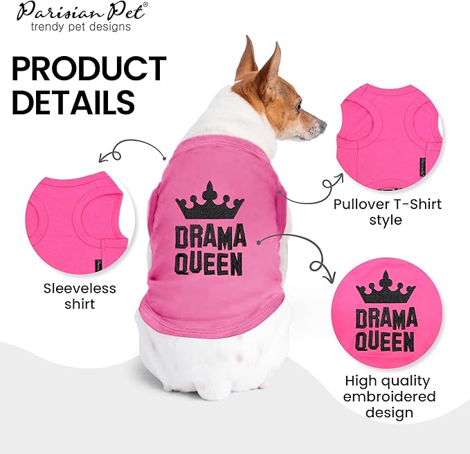 Parisian Pet Dog Tshirt - Embroidered “ Drama Queen “ Dog Shirt - Breathable and Lightweight Dog Clothes - Sleeveless Pink Dog Tee Shirts - Machine Washable Dog Shirts for Medium Dogs Girl - M