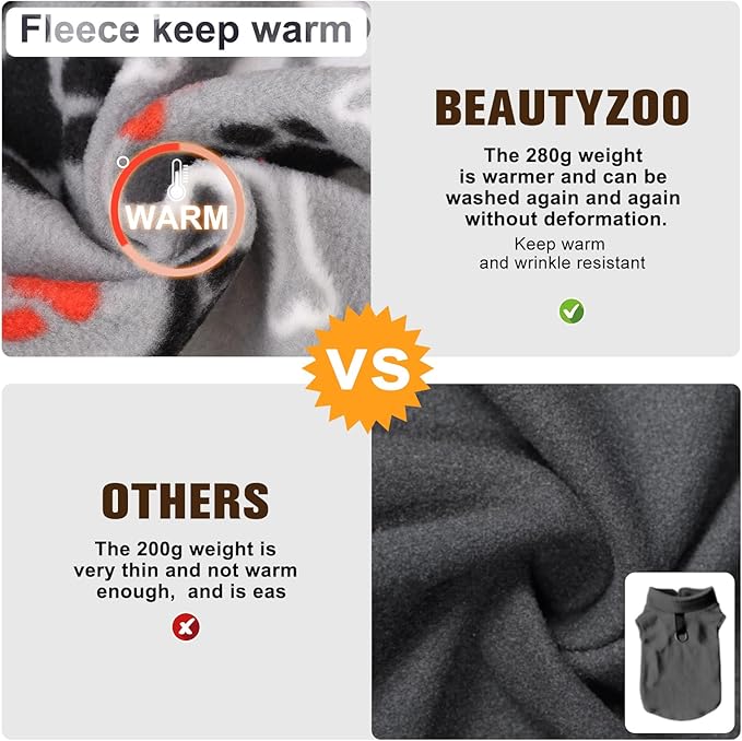 BEAUTYZOO Small Dog Sweater Fleece Vest Winter Jacket, D-Ring Leash Attachment for XS S Puppy Medium Sized Breeds Dogs, Cold Weather Dog Clothes Windproof Keep Warm, Grey Bone Paw S