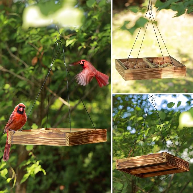 MIXXIDEA Bird Feeder Hanging Tray, Seed Tray Wooden Platform Hummingbird Feeder Hanging Tray Mesh Seed Platform for Garden Yard Outside Decoration Attracting for Wild Birds(Brown-1pk)