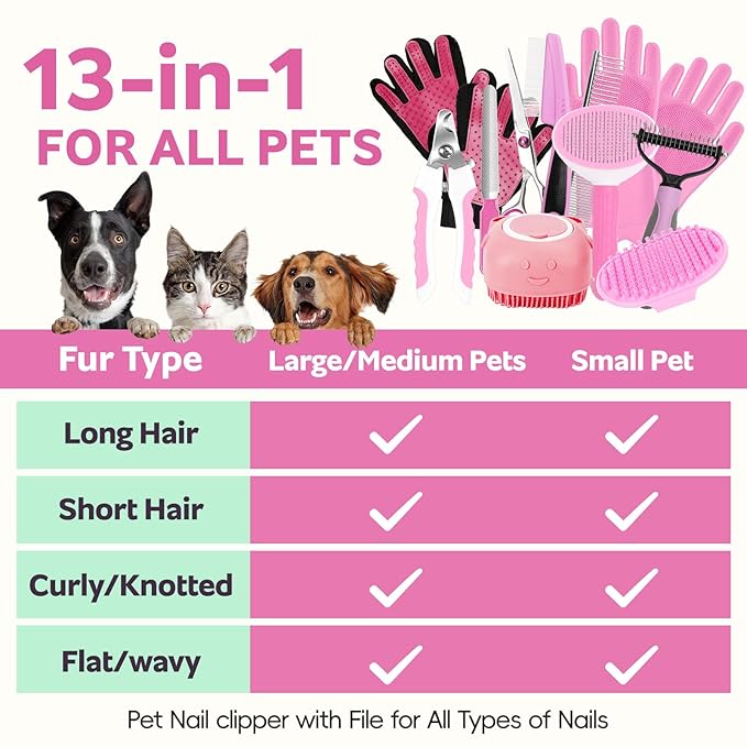 Dog Brush for Shedding 13pcs Bath Grooming Kit with Pet Nail Clipper and File - Dog Bath Brush Cat Grooming Supplies, Dematting Comb Bath Brush Shampoo Scrubber for Dogs and Cats