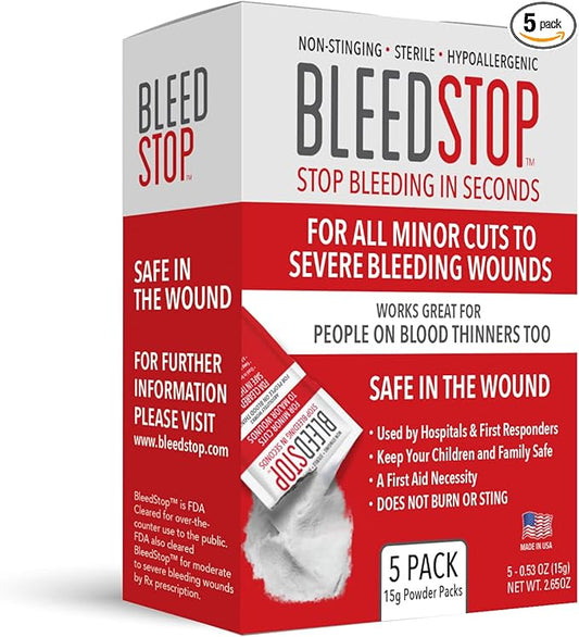 BleedStop™ First Aid Powder for Blood Clotting, Trauma Kit, Blood Thinner Patients, Camping Safety, and Survival Equipment for Moderate to Severe Bleeding Wounds or Nosebleeds 5 Pack 15g
