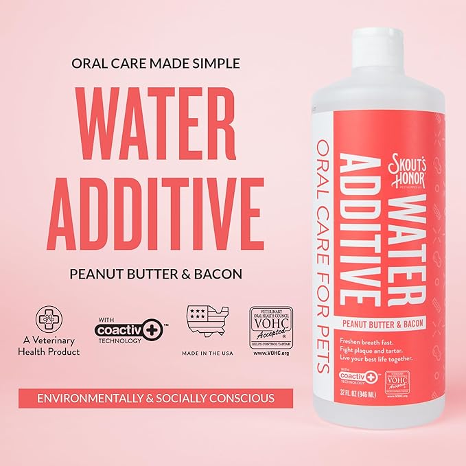 SKOUT'S HONOR Peanut Butter & Bacon Water Additive - VOHC Accepted for Tartar Control, Freshens Breath Fast, No Brushing Required, 32 oz, 2-Pack