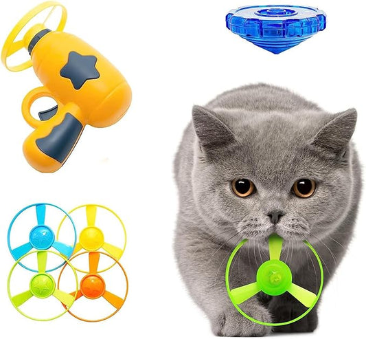 Flying Cat Toy for Indoor Kitten, Interactive Cat Fetch Toy with 1 Light Up Spinning Tops, and 5 Propellers, Flying dis Toy for Training Chasing