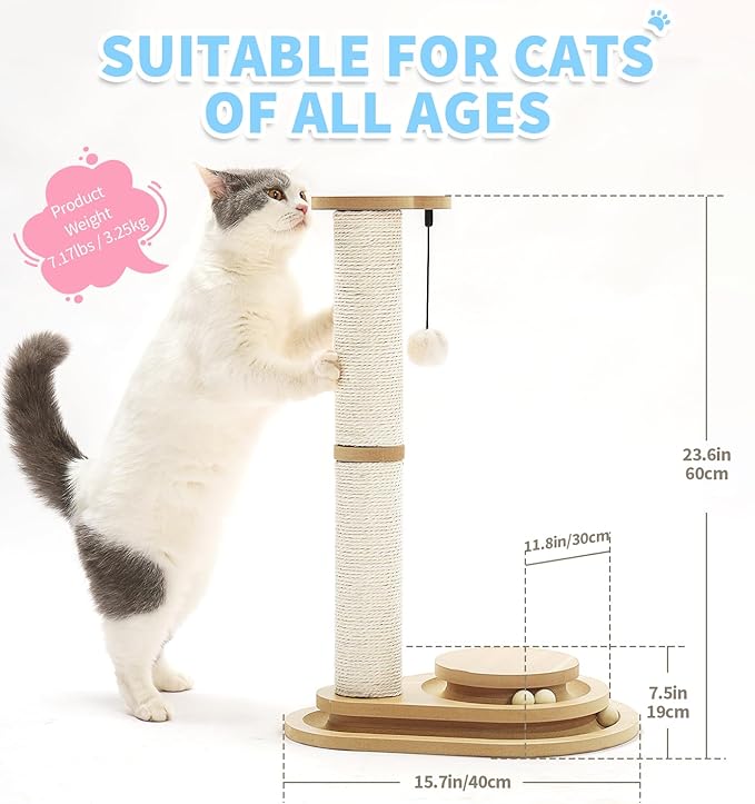 Made4Pets Cat Scratching Post Cat Scratcher Kitten Toys for Indoor Cats Wooden Ball Track Two-Layer Modern Sisal 23.4" Tall Scratch Post Interactive Toy with Dangling Ball Middle Size