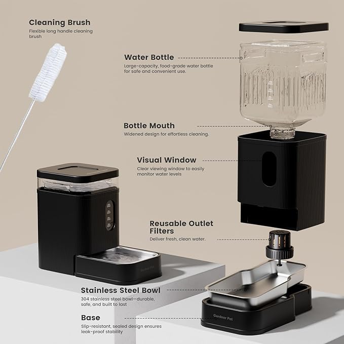 Gardner Pet Automatic Dog Water Dispenser Gravity Waterer with Stainless Steel Bowl Water Dispenser 6.5L Large Capacity Water Feeder with Filters for Dogs Cats Pets, BPA-Free Noise-Free (Black, 6.5L)